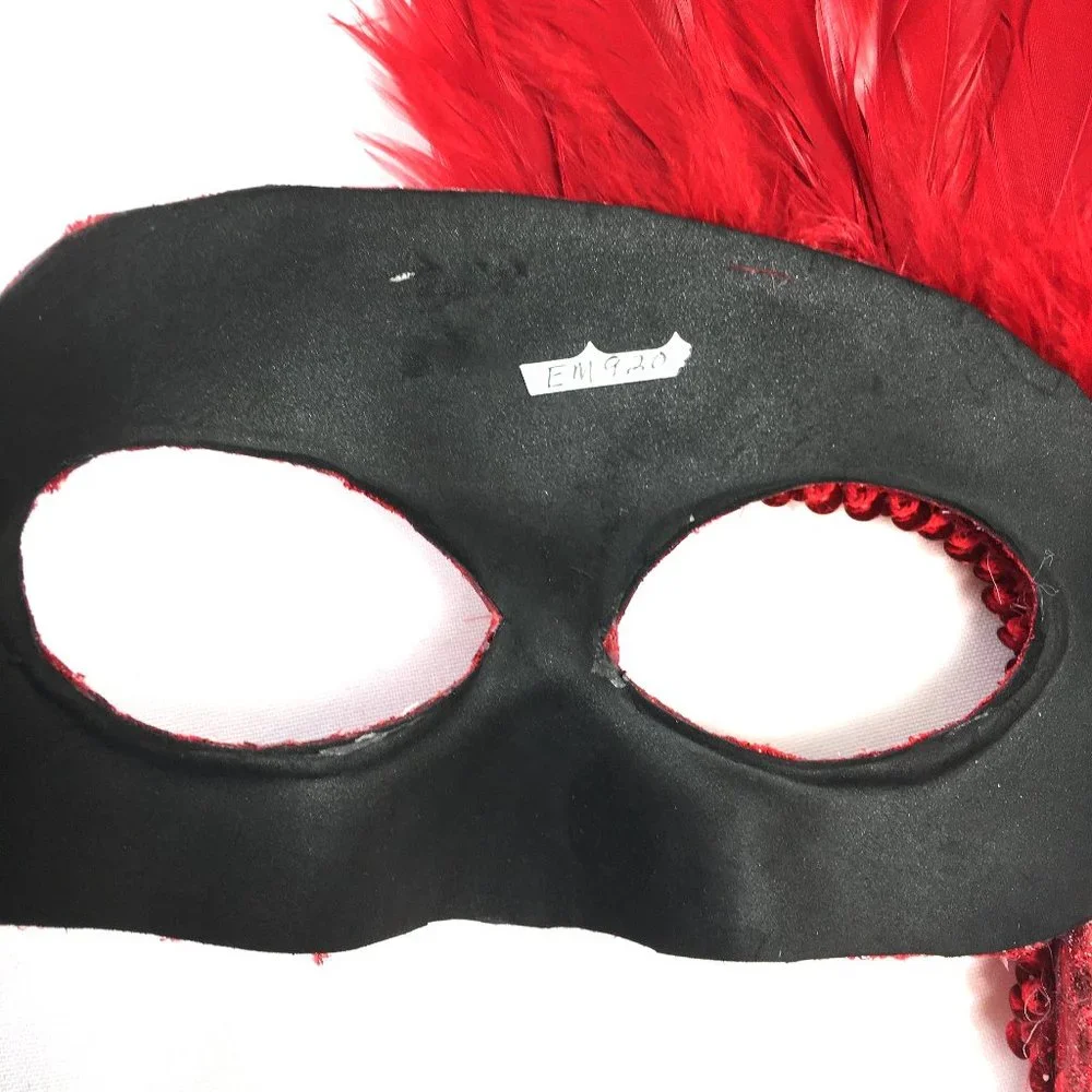 VENETIAN Red Sequin Mask w Red Feathers w/ Handle NWOT NOS